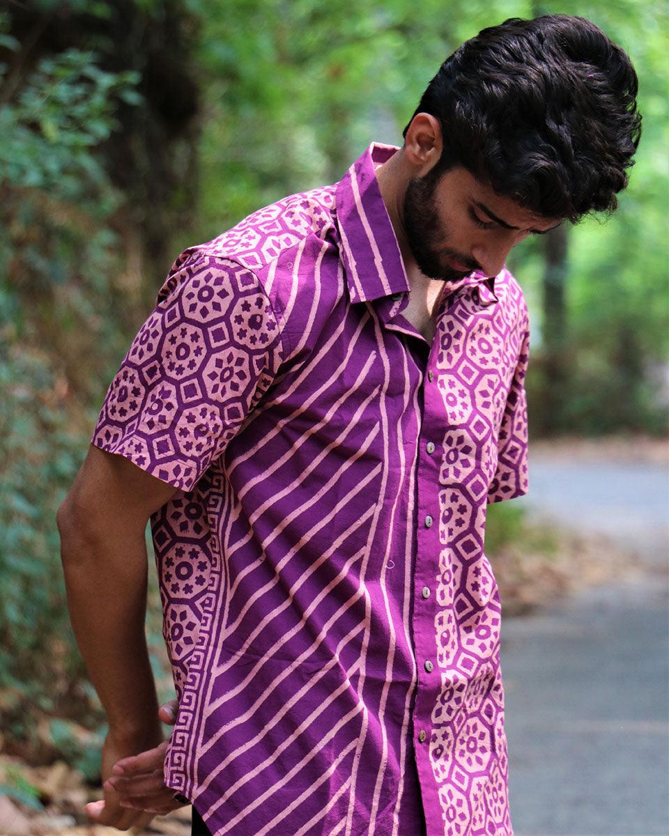 Violet Block Printed Cotton Half-Sleeved Shirt - Image 7