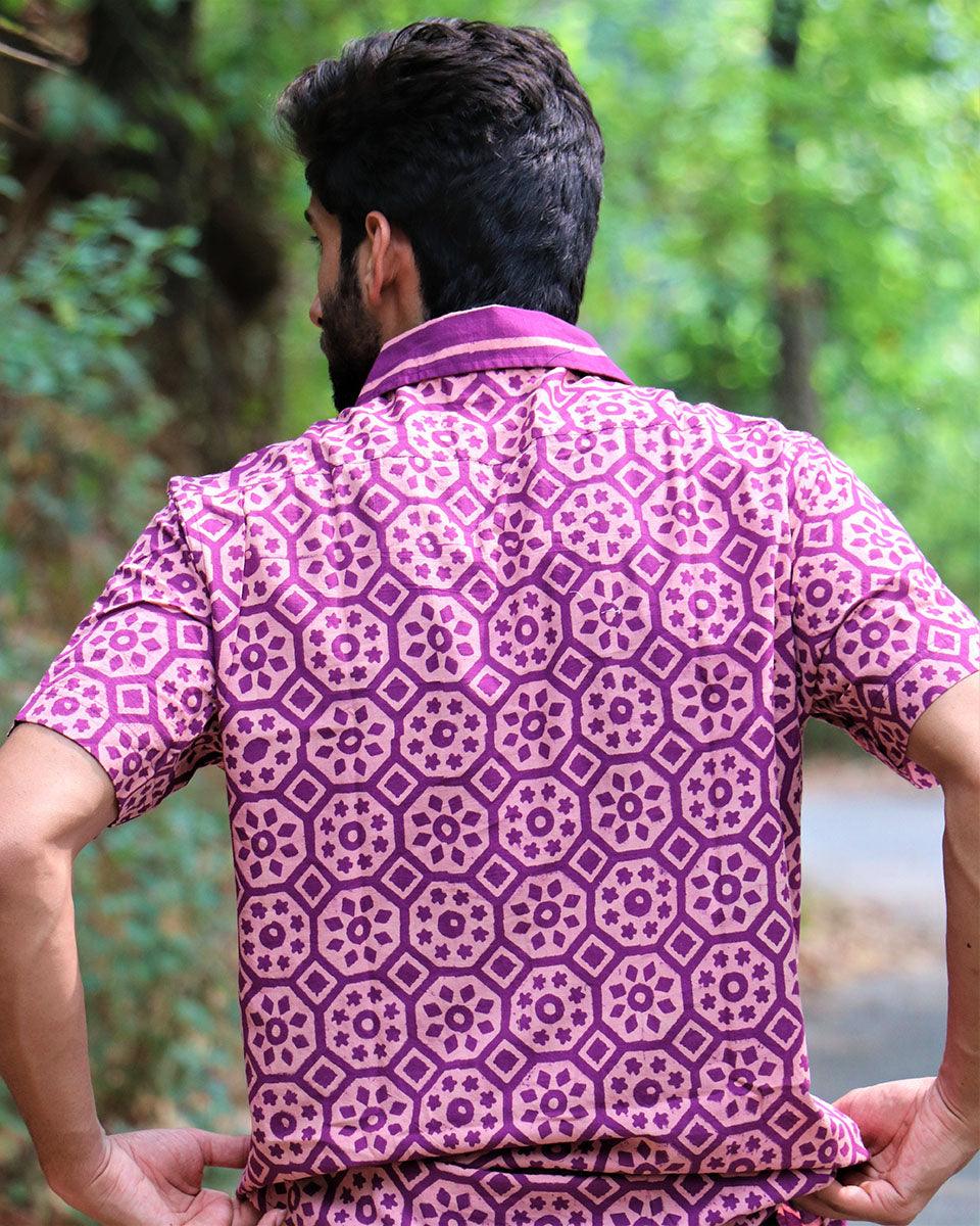 Violet Block Printed Cotton Half-Sleeved Shirt - Image 8