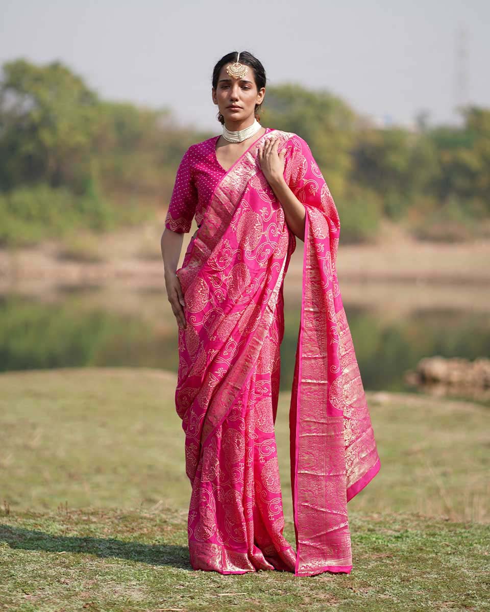 Visakha Pink Block printed Dola Silk Saree - RB - Image 11