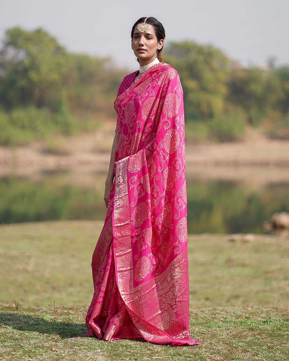 Visakha Pink Block printed Dola Silk Saree - RB - Image 12