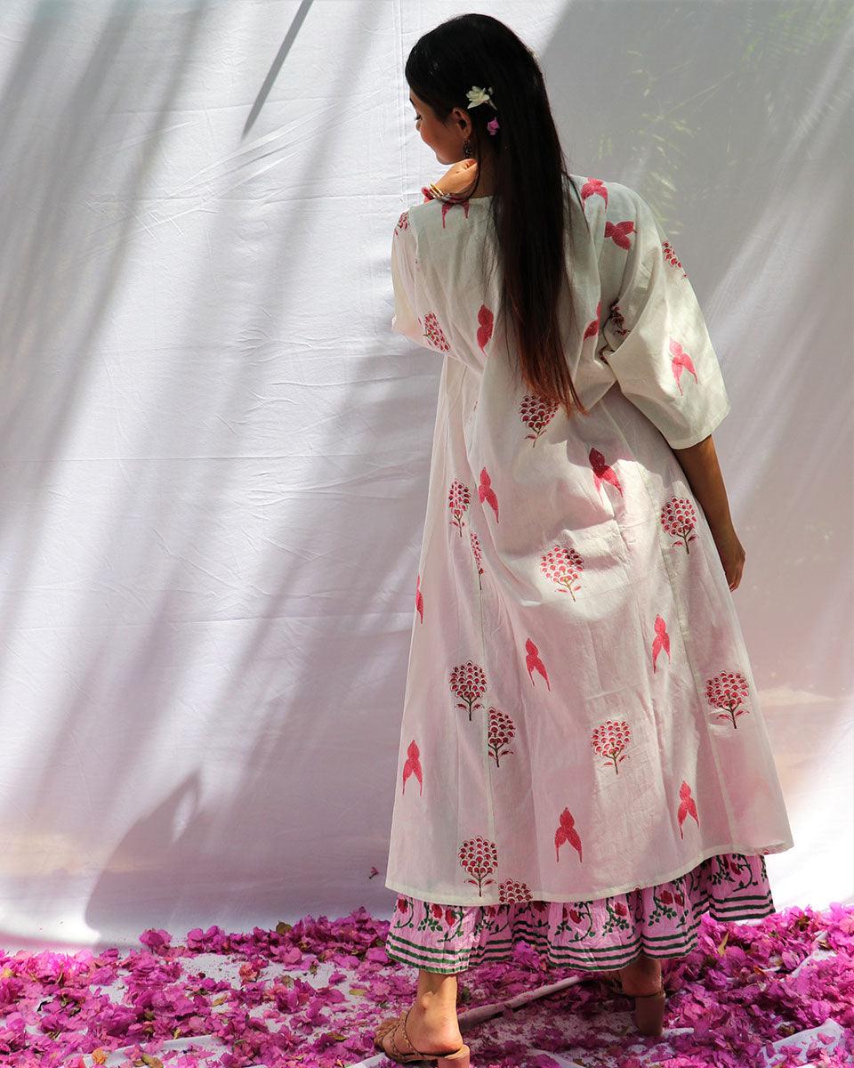 Flourish White Block Printed Cotton Kurta Set With Skirt - Fos - Image 7