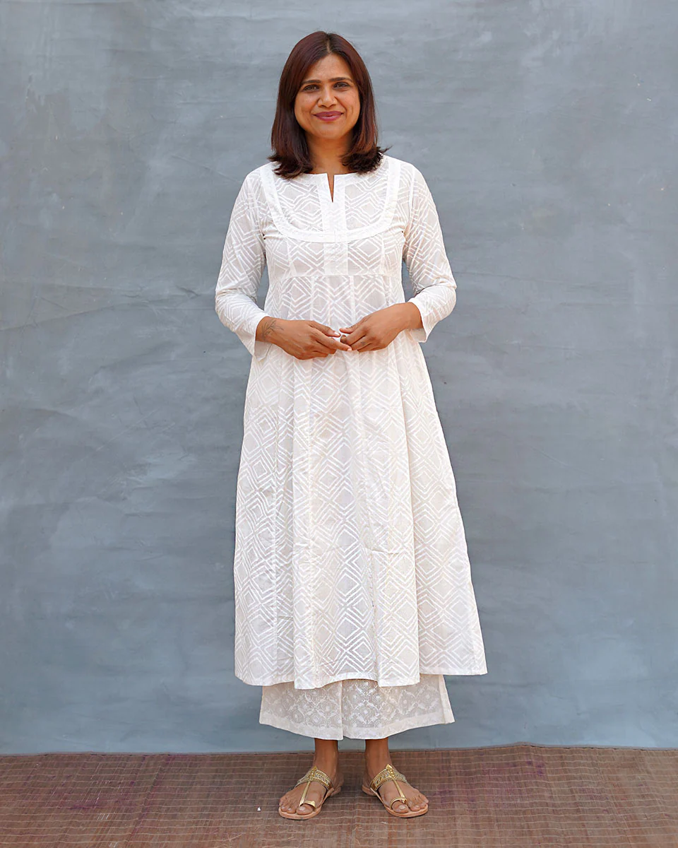 White Wave Handblock Print Cotton Kurta - Safed