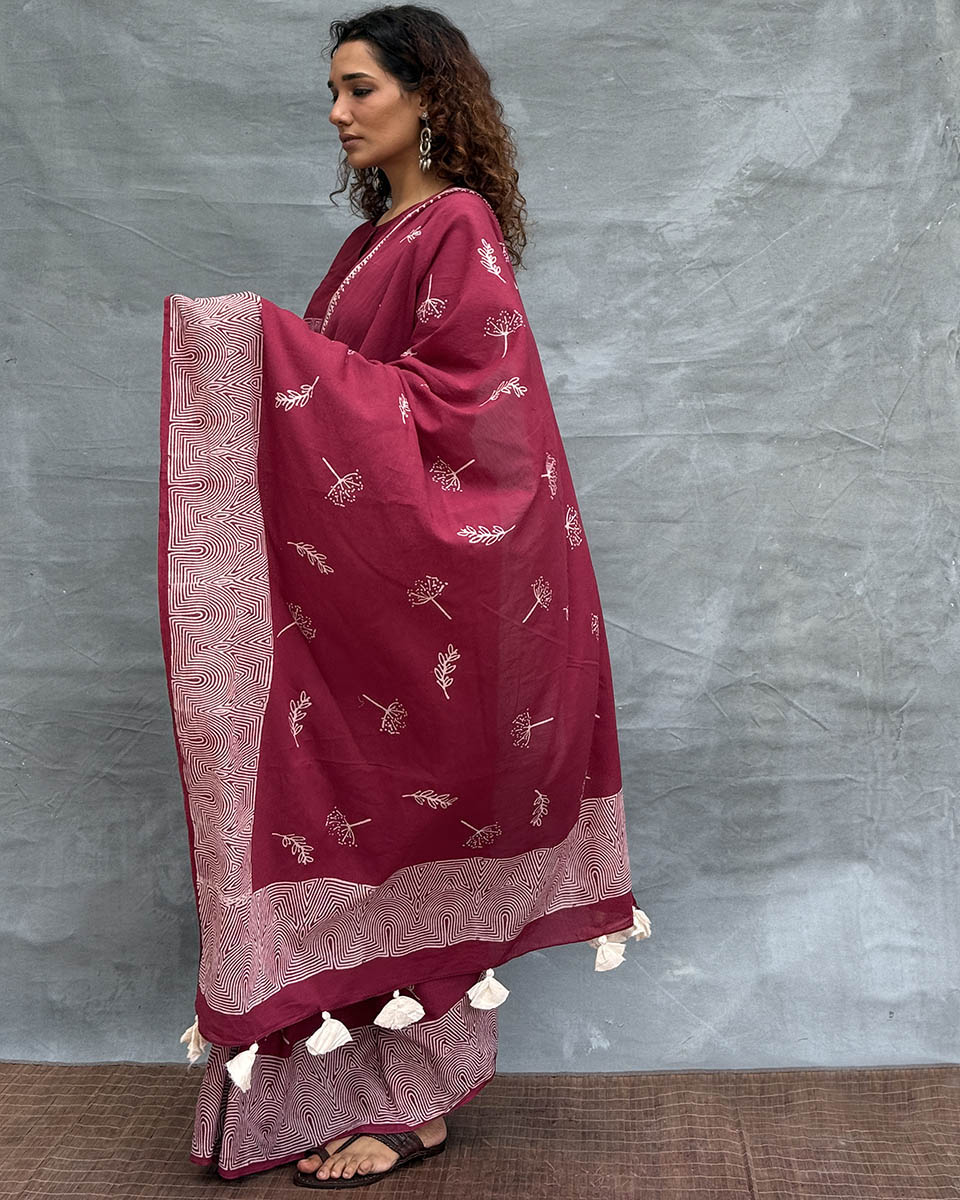 Wings over Waters Blockprinted Cotton Saree - Soil - Image 6